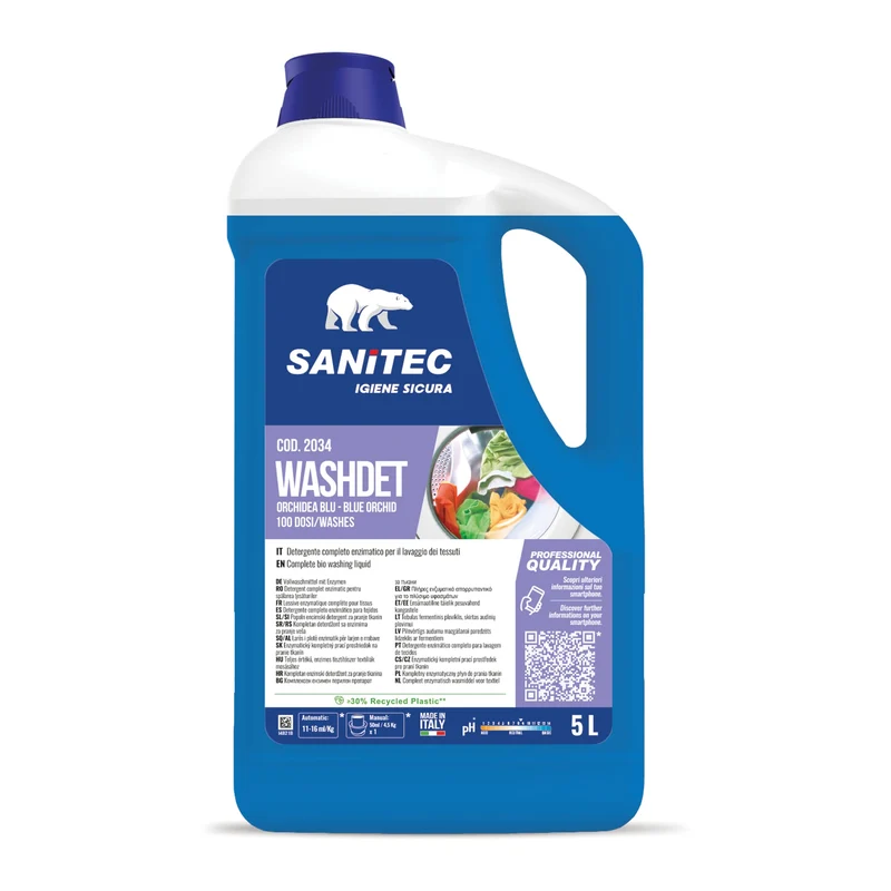 Washdet 2034 SANITEC - Detergente Liquido Enzimatico per Bucato Bianchi e Colorati - Tanica da 5L