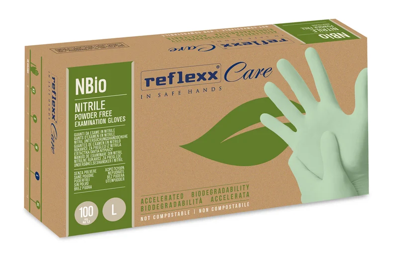 Guanti monouso in nitrile biodegradabile: Reflexx Care NBio - 3,5 g | NBio | 10 box da 100 pezzi