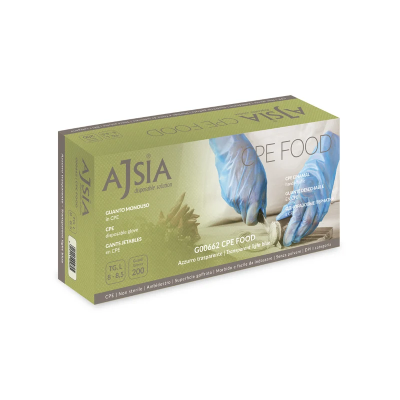 Guanti monouso in PE: CPE Food - 1,6 g | G00662 - Ajsia | 20 CF da 200 pezzi