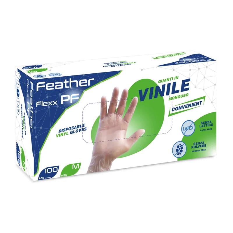 Guanti monouso in vinile senza polvere Feather Flexx - 3,8 g - 10 box da 100 pezzi
