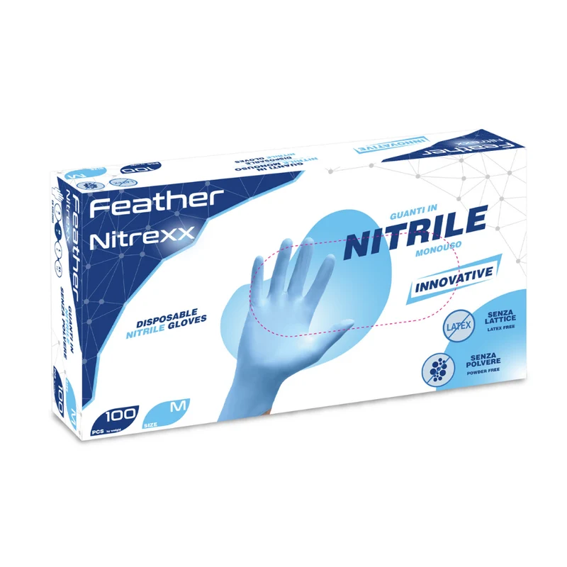 Guanti monouso in Nitrile senza Polvere: Feather Nitrexx - 2,8 g | FNX | 10 Box da 100 pezzi