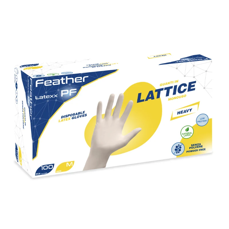 Guanti monouso in lattice senza polvere clorinato: Feather Latexx PF - 5,0 g | FPF | 10 box da 100 pezzi