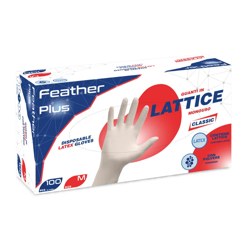 Guanti monouso in lattice con polvere: Feather Plus - 4,8 g | FP | 10 box da 100 pezzi