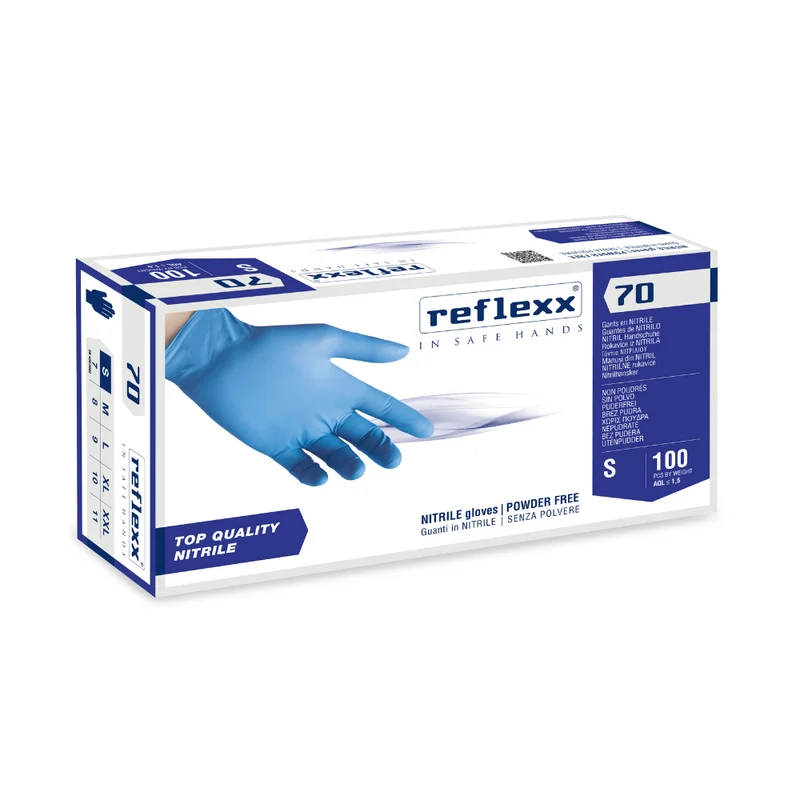 Guanti monouso in nitrile azzurro Reflexx 70 - 4,9 g - 10 box da 100 pezzi