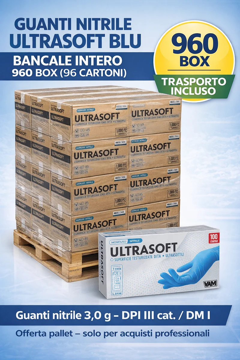 Guanti nitrile ULTRASOFT blu 3,0g - pallet 960 box - DPI III cat. / DM classe I - trasporto incluso