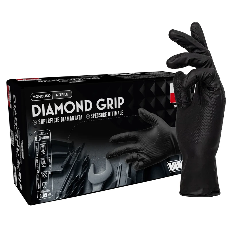 VAM Diamond Grip Black guanti monouso nitrile nero - cartone 500 pezzi