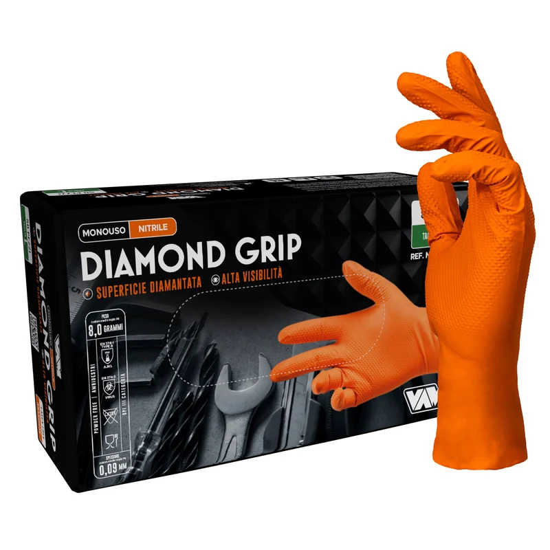 VAM Diamond Grip Orange guanti monouso nitrile arancione - cartone 500 pezzi