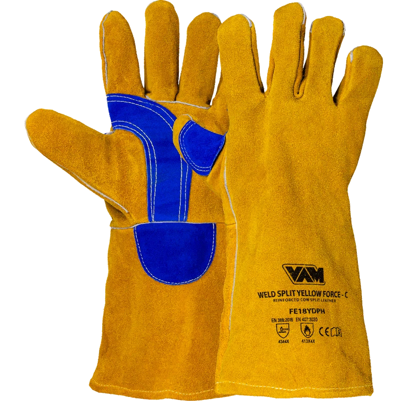 Guanti saldatura pelle crosta bovina VAM Weld Split Yellow Force-C FE18YDPH - giallo/blu - cartone 60 paia