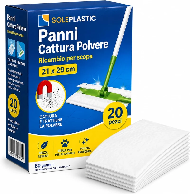 Panni (21 x 29 cm) da 60 Grammi RESISTENTI e SPESSO Compatibile con Swiffer Panni Catturapolvere - Ricambi Monouso per Scopa - Ideali per Pavimenti, Casa, Capelli e Sporco Leggero - SENZA RESIDUI