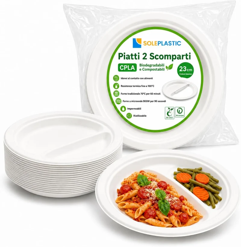 Piatti Bio 2 Scomparti Ø 23 cm 50 pz | Soleplastic