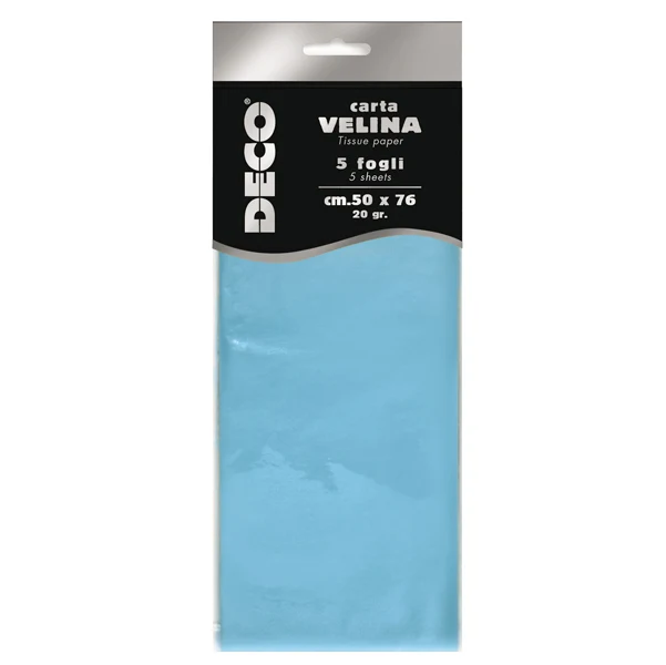 DECO - 12283-13 - Carta velina - 50 x 76 cm - 20 gr - azzurro - Deco - busta 5 fogli - 89120 - Conf. da 1 Pz.