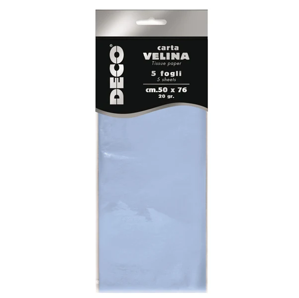DECO - 12283-12 - Carta velina - 50 x 76 cm - 20 gr - azzurro baby - Deco - busta 5 fogli - 89119 - Conf. da 1 Pz.