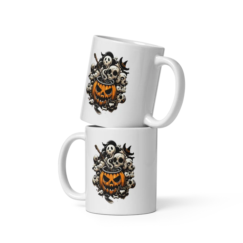 Tazza Mug in Ceramica Bianca con Zucca Calderone e Teschi Halloween