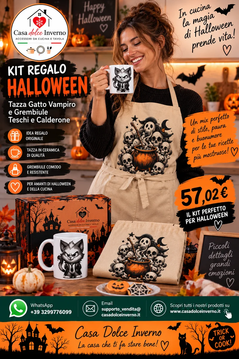 Kit Regalo Halloween: Tazza Gatto Vampiro e Grembiule Teschi e Calderone