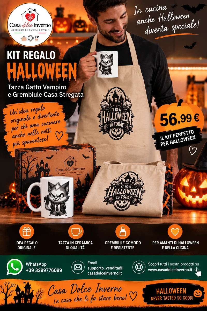 Kit Regalo Halloween: Tazza Gatto Vampiro e Grembiule Casa Stregata