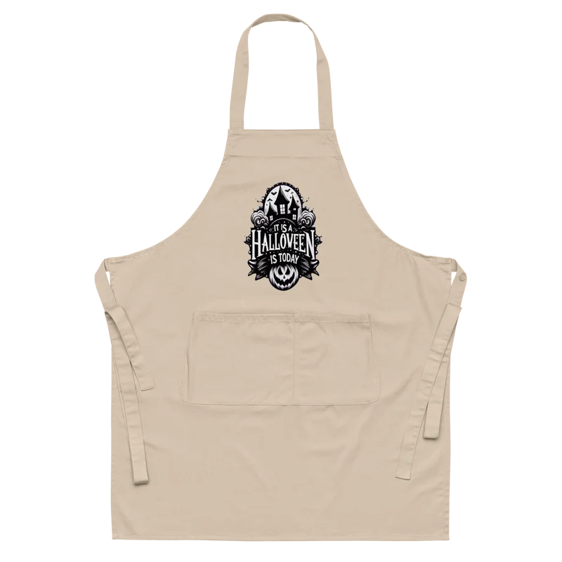 Grembiule da Cucina Halloween in Cotone Biologico Marrone con Casa Stregata e Pipistrelli