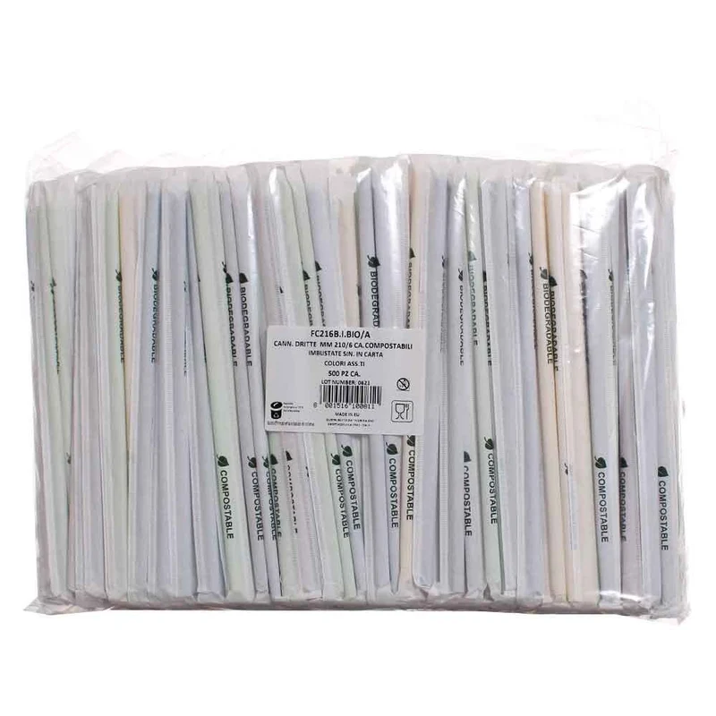 Cannucce diritte bio in PLA colori assortiti imbustate singolarmente 210/6