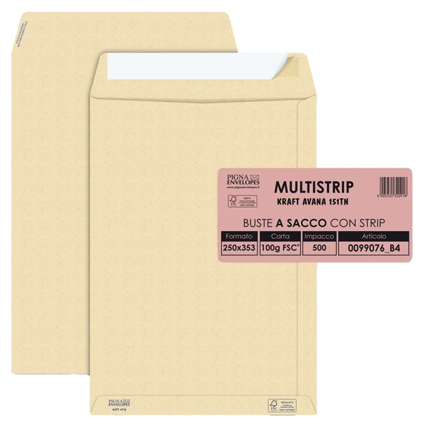 Pigna Envelopes - 0099076B4 - Busta a sacco Multi Strip - strip adesivo - 25 x 35,3 cm - 100 gr - carta riciclata FSC - avana - Pigna Envelopes - conf. 500 pezzi - 37000 - Conf. da 1 Pz.