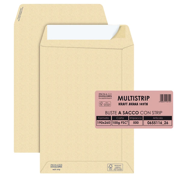 Pigna Envelopes - 065511626 - Busta a sacco Multi Strip - strip adesivo - 19 x 26 cm - 100 gr - carta riciclata FSC - avana - Pigna Envelopes - conf. 500 pezzi - 36986 - Conf. da 1 Pz.