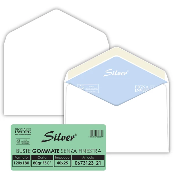 Pigna Envelopes - 067312321 - Busta Busta Silver Matic FSC - senza finestra - gommata - 12 x 18 cm - 80 gr - bianco - Pigna Envelopes - conf. 25 pezzi - 32066 - Conf. da 1 Pz.