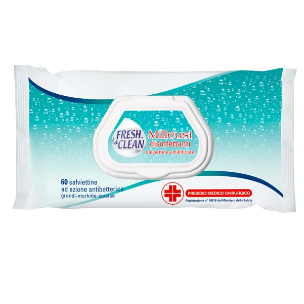 Fresh&Clean - 06-0244 - Salviette disinfettanti antibatteriche milleusi - Fresh&Clean - busta da 60 pezzi - 91507 - Conf. da 1 Pz.