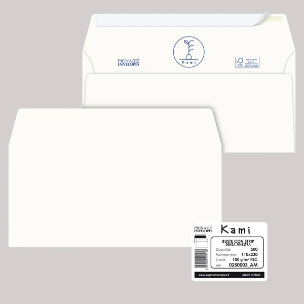 Pigna Envelopes - 0250003AM - Busta a sacco Kami Strip - senza finestra - 11 x 23 cm - 100 gr - carta riciclata FSC - bianco - Pigna Envelopes - conf. 500 pezzi - 90093 - Conf. da 1 Pz.