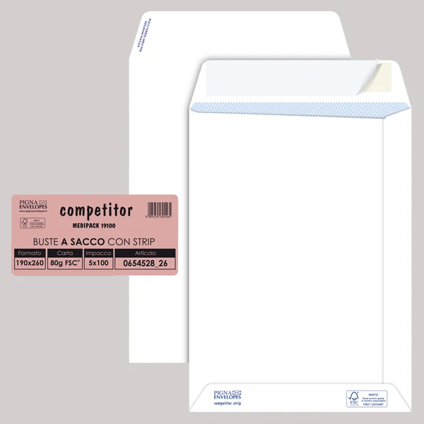 Pigna Envelopes - 065452826 - Busta a sacco Competitor FSC - strip adesivo - 19 x 26 cm - 80 gr - bianco - Pigna Envelopes - conf. 100 pezzi - 36983 - Conf. da 1 Pz.