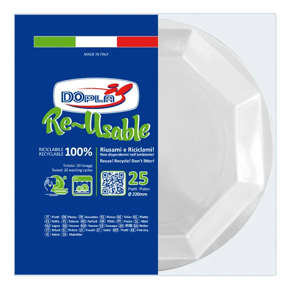 DOPLA - 12508 - Piatto fondo riutilizzabile - ottagonale - diametro 22 cm - PS reuse - bianco - Dopla - conf. 25 pezzi - 95102 - Conf. da 1 Pz.
