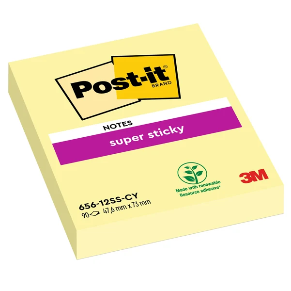 POST-IT - 7100290169 - Blocco foglietti Super Sticky - 656-12SS-CY-EU - 47,6 x 76 mm - giallo Canary - 90 fogli - Post-it - 74006 - Conf. da 12 Pz.