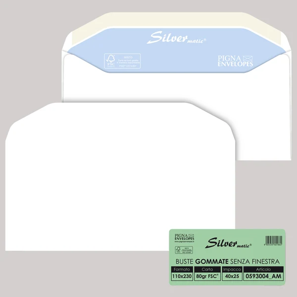 Pigna Envelopes - 0593004AM - Busta Busta Silver Matic FSC - senza finestra - gommata - 11 x 23 cm - 80 gr - bianco - Pigna Envelopes - conf. 25 pezzi - 32070 - Conf. da 1 Pz.