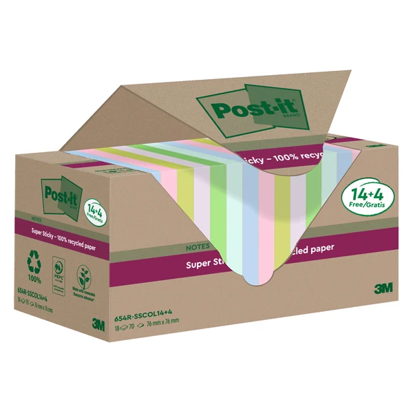 POST-IT - 7100284782 - Blocco foglietti Post-it SuperSticky Green - SSCOL14+4 - 76 x 76 mm - carta riciclata - colori pastello assortiti - 70 fogli - Post-it - conf. 18 blocchi - 101860 - Conf. da 1 Pz.