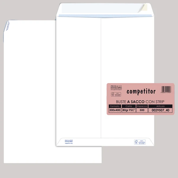 Pigna Envelopes - 002950740 - Busta a sacco Competitor FSC - strip adesivo - 30 x 40 cm - 80 gr - bianco - Pigna Envelopes - conf. 500 pezzi - 46161 - Conf. da 1 Pz.