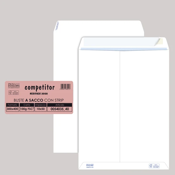 Pigna Envelopes - 005403540 - Busta a sacco Competitor FSC - strip adesivo - 30 x 40 cm - 80 gr - bianco - Pigna Envelopes - conf. 50 pezzi - 36985 - Conf. da 1 Pz.