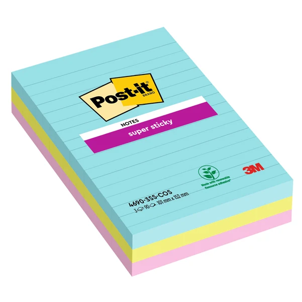 POST-IT - 7100234251 - Blocco Post-it Super Sticky - 4690-SS3COS - a righe - 101 x 152 mm - colori Cosmic - 90 fogli - Post-it - conf. 3 pezzi - 94360 - Conf. da 1 Pz.
