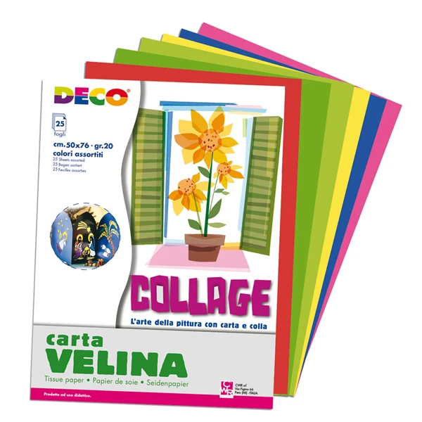 DECO - 05406 - Carta velina - 50 x 76 cm - 20 gr - 5 colori assortiti - Deco - busta 25 fogli - 103107 - Conf. da 1 Pz.