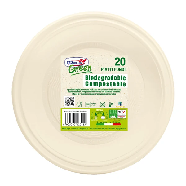 DOPLA - 40034 - Piatto fondo monouso - rotondo - diametro 22 cm - Mater-Bi - avorio - Dopla Green - conf. 20 pezzi - 96697 - Conf. da 1 Pz.