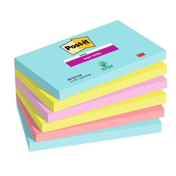 POST-IT - 7100242784 - Blocco Post-it Super Sticky - 655-6SS-COS - 76 x 127 mm - colori Cosmic - 90 fogli - Post-it - conf. 6 pezzi - 94375 - Conf. da 1 Pz.