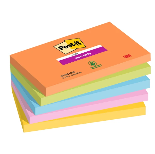 POST-IT - 7100258793 - Blocco Post-it Super Sticky - 655-5SS-OAS - 76 x 127 mm - colori Boost - 90 fogli - Post-it - conf. 5 pezzi - 94364 - Conf. da 1 Pz.