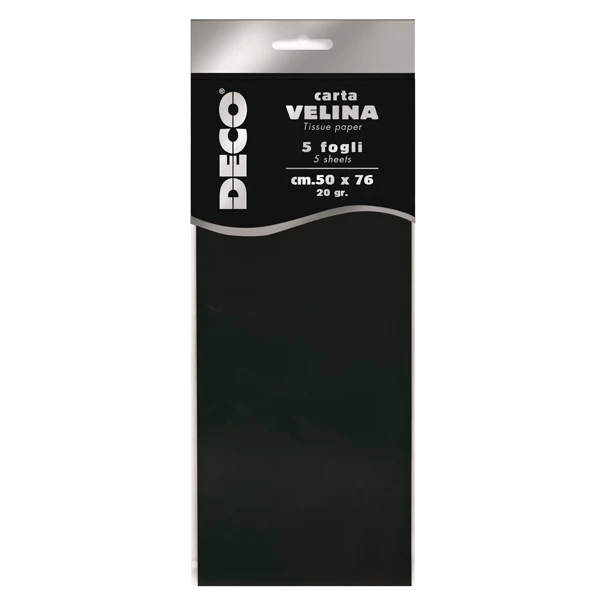DECO - 12283-20 - Carta velina - 50 x 76 cm - 20 gr - nero - Deco - busta 5 fogli - 89123 - Conf. da 1 Pz.
