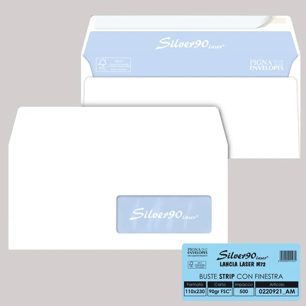 Pigna Envelopes - 0220921AM - Busta Silver90 Strip Laser FSC - con finestra - internografata - 11 x 23 cm - 90 gr - bianco - Pigna Envelopes - conf. 500 pezzi - 68001 - Conf. da 1 Pz.