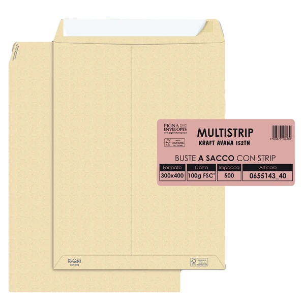 Pigna Envelopes - 065514340 - Busta a sacco Multi Strip - strip adesivo - 30 x 40 cm - 100 gr - carta riciclata FSC - avana - Pigna Envelopes - conf. 500 pezzi - 36988 - Conf. da 1 Pz.