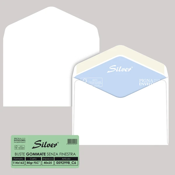 Pigna Envelopes - 0592998C6 - Busta Busta Silver Matic FSC - senza finestra - gommata - 11,4 x 16,2 cm - 80 gr - bianco - Pigna Envelopes - conf. 25 pezzi - 32067 - Conf. da 1 Pz.