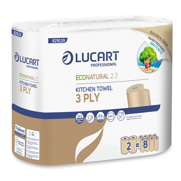 Lucart - 821639J - Asciugatutto EcoNatural 2.3 Plastic Free - 200 strappi - Lucart - pacco 2 rotoli - 91432 - Conf. da 1 Pz.