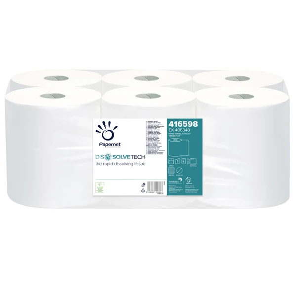 PAPERNET - 416598 - Asciugamani in rotolo Autocut Dissolve Tech - 198 mm x 140 mt - diametro 18,5 cm - 2 veli - 20 gr - goffratura micro - bianco - Pape rnet - 74016 - Conf. da 6 Pz.