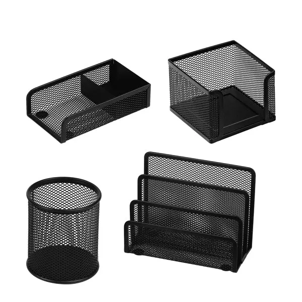 LEBEZ - 1424-N - Set scrivania - 4 accessori - rete metallica - nero - Lebez - 58001 - Conf. da 1 Pz.
