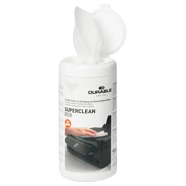 DURABLE - 5708-02 - Salvietta detergente per superfici in plastica SUPERCLEAN BOX - Durable - conf. 100 pezzi - 99764 - Conf. da 1 Pz.