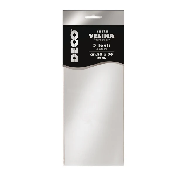 DECO - 12455-2 - Carta velina - 50 x 76 cm - 20 gr - argento metal - Deco - busta 5 fogli - 91223 - Conf. da 1 Pz.