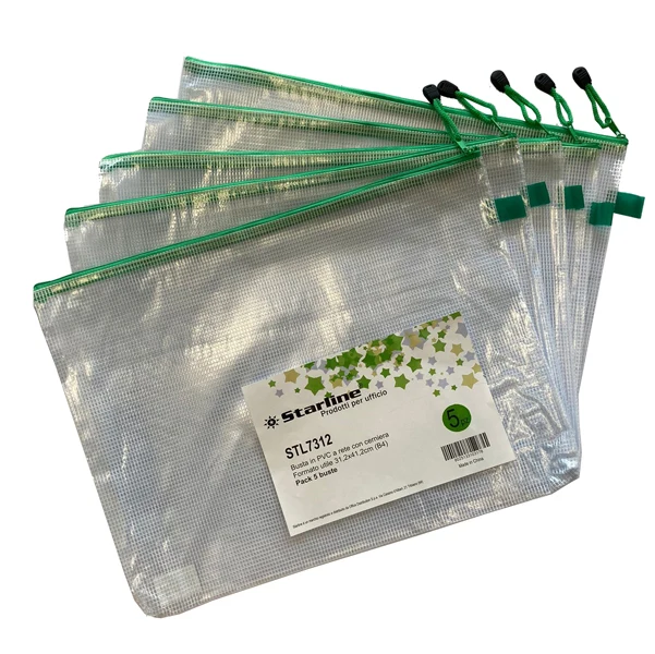 STARLINE - 5073.STL7312 - Busta a rete con cerniera verde - PVC - 31,2 x 41,2 cm - trasparente - Starline - STL7312 - Conf. da 5 Pz.