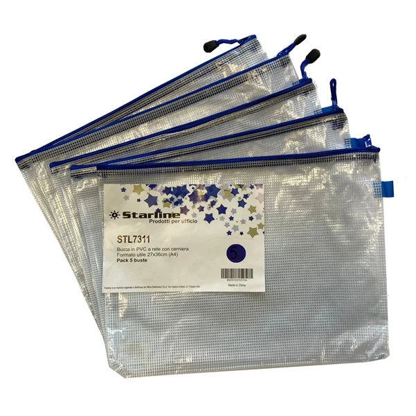 STARLINE - 3300 STL - Busta a rete con cerniera blu- PVC - 27 x 36 cm - trasparente - Starline - STL7311 - Conf. da 5 Pz.