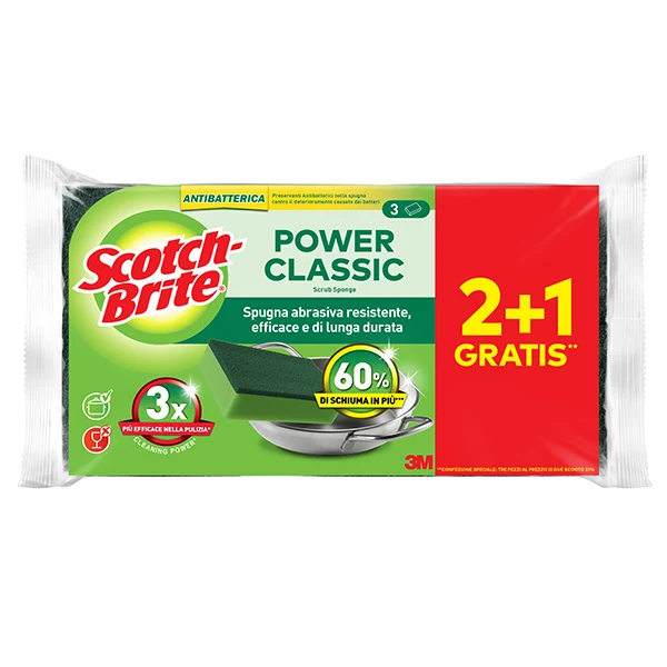 3M - 7100316712 - Spugna abrasiva Power Classic - antibatterica - 14,2x2,4x11,5 cm - giallo-verde - Scotch-Brite - conf. 3 pezzi - 105911 - Conf. da 1 Pz.